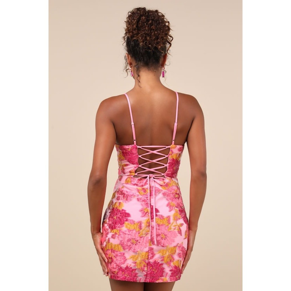 NWT Lulus Flirtatious Composure Pink Jacquard Lace-Up Bustier Mini Dress Small - Picture 4 of 9